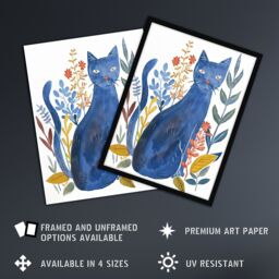 "Artery8 Russian Blue Cat with Ornate Plants Watercolour Wall Art Print - Size: W24"" x H32""" - thumbnail 2