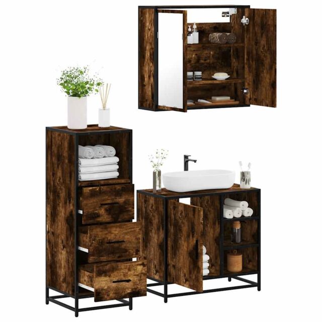 Berkfield Home 3 Piece Bathroom Furniture Set Smoked Oak Engineered Wood in Brown - image 1