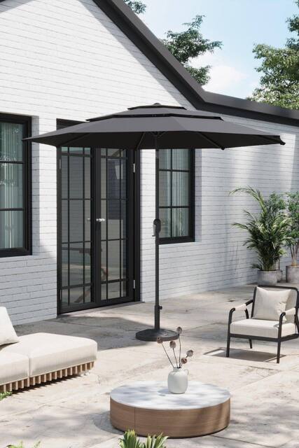 Garden Sanctuary 3-Tier Outdoor Garden Umbrella with Crank & Woven-Pattern Stand in Dark Grey