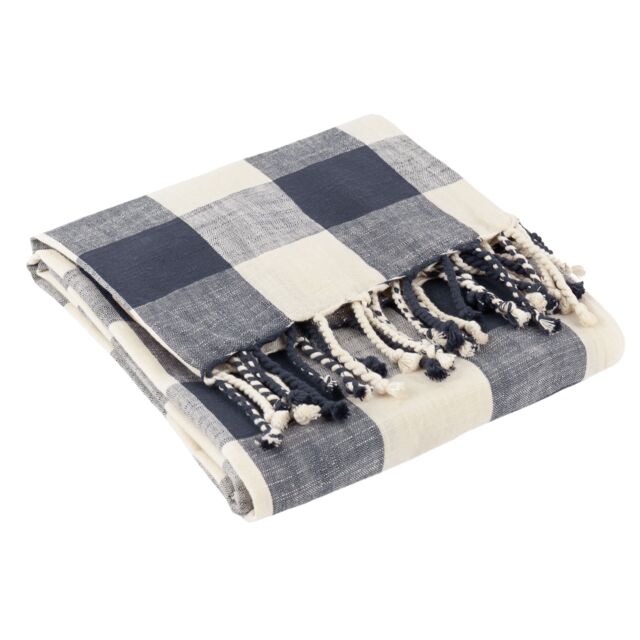 Yard Chesil Check Tasselled 100% Cotton Throw in Navy - Size: 130 cm x 170 cm - image 1