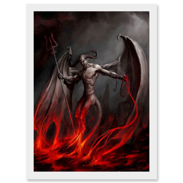 Artery8 Painting Devil Demon Fire Chain Trident Wings Horns Monster A4 Artwork Framed Wall Art Print in White - image 1