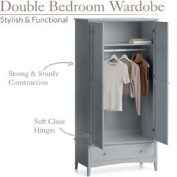 Christow Grey Double Wardrobe with Drawer 2 Door Bedroom Storage Furniture Cupboard - thumbnail 3