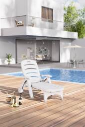 H&O Direct Outdoor Plastic Foldable Sun Lounger Recliner Chair with Wheels in White - thumbnail 1