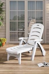 H&O Direct Outdoor Plastic Foldable Sun Lounger Recliner Chair with Wheels in White - thumbnail 2