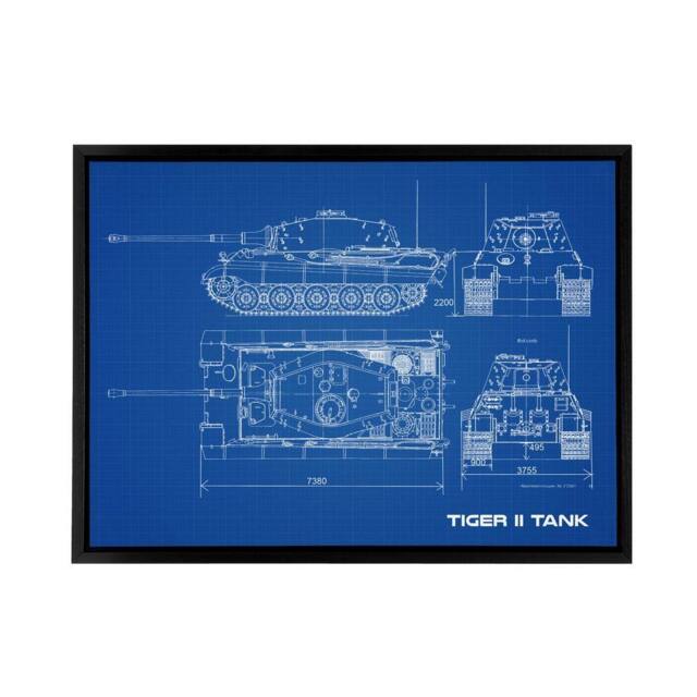 "Artery8 Tiger II German Heavy Tank Blueprint Plan Framed Canvas Wall Art Print in Blue - Size: W12"" x H16""" - image 1