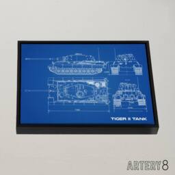 "Artery8 Tiger II German Heavy Tank Blueprint Plan Framed Canvas Wall Art Print in Blue - Size: W12"" x H16""" - thumbnail 2