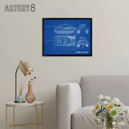 "Artery8 Tiger II German Heavy Tank Blueprint Plan Framed Canvas Wall Art Print in Blue - Size: W12"" x H16""" - thumbnail 3