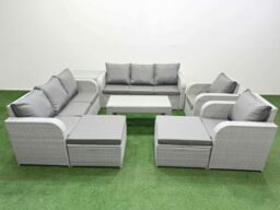 Fimous PE Rattan High Back Lounge Sofa Set Patio Oblong Coffee Table & Chairs Set w/ 3 Seater Sofa Reclining Chair 2 Big Footstool Side Table Light - thumbnail 1