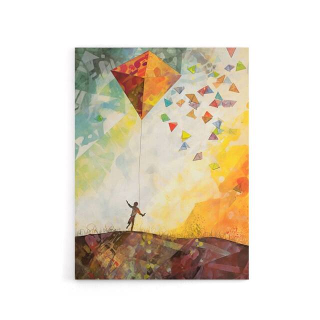 "Artery8 Child Flying Big Kite In Rainbow Sky Canvas Wall Art Print - Size: W24"" x H32""" - image 1