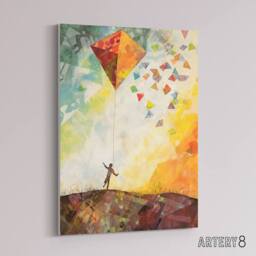 "Artery8 Child Flying Big Kite In Rainbow Sky Canvas Wall Art Print - Size: W24"" x H32""" - thumbnail 2
