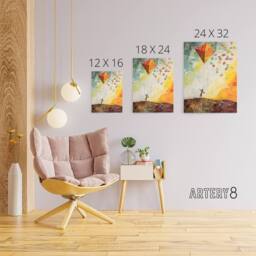 "Artery8 Child Flying Big Kite In Rainbow Sky Canvas Wall Art Print - Size: W24"" x H32""" - thumbnail 4