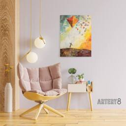 "Artery8 Child Flying Big Kite In Rainbow Sky Canvas Wall Art Print - Size: W24"" x H32""" - thumbnail 3
