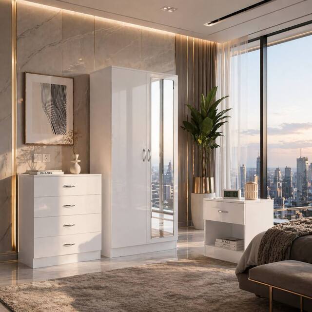 Harmin Modern 3 Piece Bedroom Furniture Set - Wardrobe, Chest & Bedside in White - image 1