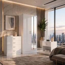 Harmin Modern 3 Piece Bedroom Furniture Set - Wardrobe, Chest & Bedside in White - thumbnail 1