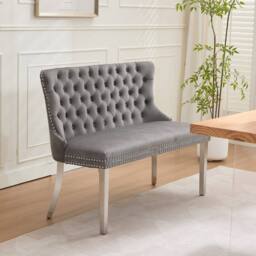 HomeTouch Modern Velvet Double Dining Loveseat Bench with Chrome Steel Legs in Grey - Size: 1 Pack