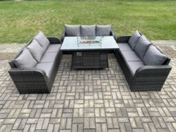Fimous Rattan Garden Furniture Set with Fire Pit Table 4 Pieces Outdoor Lounge Sofa Set Dark Grey Mixed - thumbnail 3