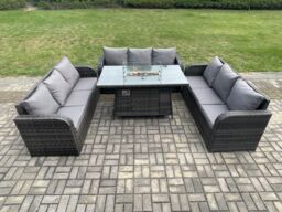 Fimous Rattan Garden Furniture Set with Fire Pit Table 4 Pieces Outdoor Lounge Sofa Set Dark Grey Mixed - thumbnail 1