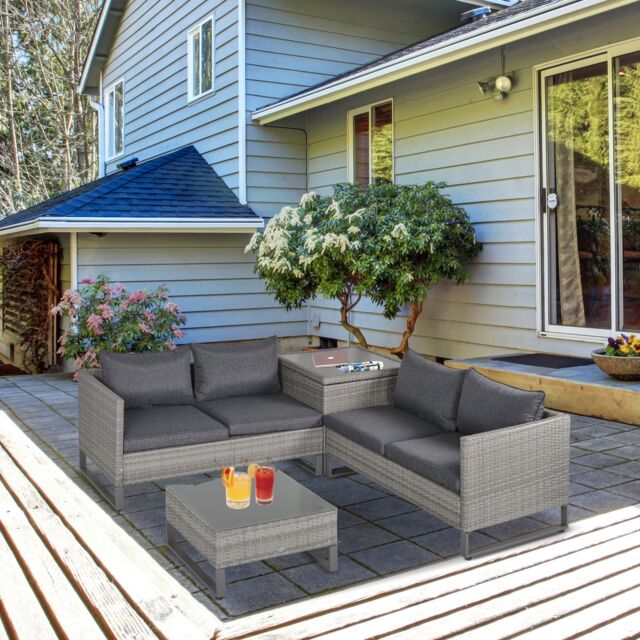 OUTSUNNY 4 PCs Rattan Wicker Sofa Set Outdoor Conservatory Furniture w/ Side Storage Box in Grey - image 1