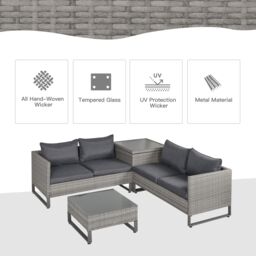 OUTSUNNY 4 PCs Rattan Wicker Sofa Set Outdoor Conservatory Furniture w/ Side Storage Box in Grey - thumbnail 6
