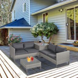 OUTSUNNY 4 PCs Rattan Wicker Sofa Set Outdoor Conservatory Furniture w/ Side Storage Box in Grey - thumbnail 1