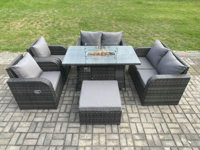 Fimous 7 Seater Rattan Garden Furniture Set Propane Gas Fire Pit Table & Sofa Chair set with Big Footstool in Dark Grey - image 1