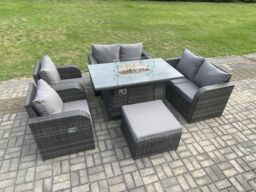 Fimous 7 Seater Rattan Garden Furniture Set Propane Gas Fire Pit Table & Sofa Chair set with Big Footstool in Dark Grey - thumbnail 3