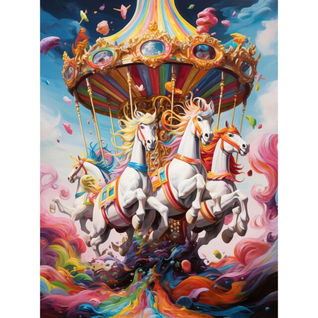 "Artery8 Wall Art Print Magical Carousel in Rainbow Clouds Bright Bold Vibrant Fantasy Kids Bedroom Baby Nursery Artwork Poster - Size: W18"" x H24""" - image 1