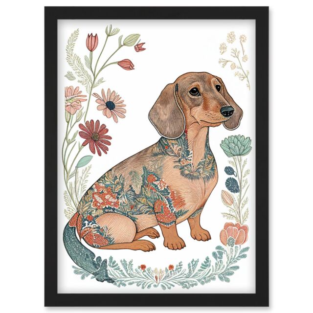 Artery8 Dachshund Shorthaired Dog with Ornate Floral Patterns Colourful Colour Pencil Illustration Artwork Framed Wall Art Print A4 in Black - image 1