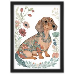 Artery8 Dachshund Shorthaired Dog with Ornate Floral Patterns Colourful Colour Pencil Illustration Artwork Framed Wall Art Print A4 in Black - thumbnail 1