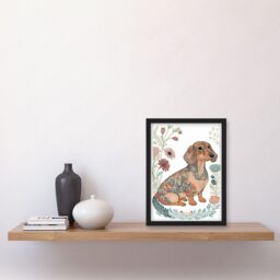 Artery8 Dachshund Shorthaired Dog with Ornate Floral Patterns Colourful Colour Pencil Illustration Artwork Framed Wall Art Print A4 in Black - thumbnail 2