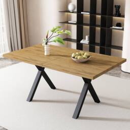 Merax Oak & Black Rectangular Dining Table With Cross Legs 140 x 80 cm in Light Oak - thumbnail 2