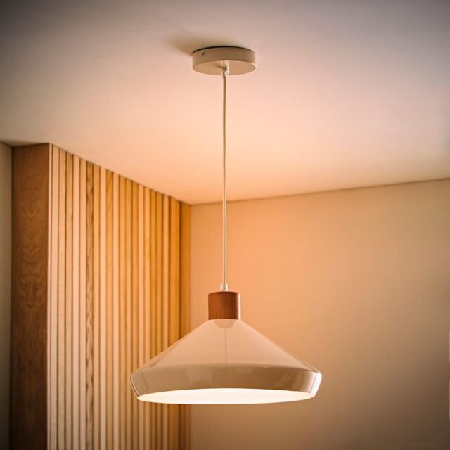 ValueLights Parker Gloss & Walnut Dome Adjustable Ceiling Pendant Light & Bulb in Cream - image 1