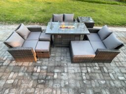 Fimous High Back Rattan Garden Furniture Sofa Sets with Outdoor Furniture Gas Firepit Dining Table Set Dark Grey Mixed - thumbnail 2