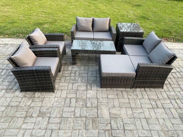 Fimous 7 Seater Dark Grey Mixed High Back Rattan Sofa Set Coffee Table Garden Furniture Outdoor Patio With Love Sofa Arm Chairs