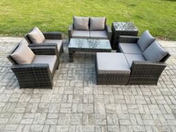 Fimous 7 Seater Dark Grey Mixed High Back Rattan Sofa Set Coffee Table Garden Furniture Outdoor Patio With Love Sofa Arm Chairs - thumbnail 1