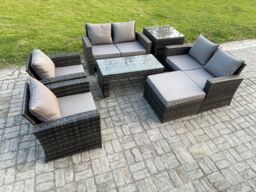 Fimous 7 Seater Dark Grey Mixed High Back Rattan Sofa Set Coffee Table Garden Furniture Outdoor Patio With Love Sofa Arm Chairs - thumbnail 2