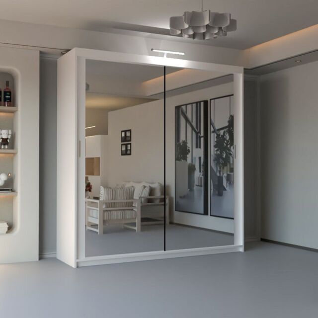 Sliding Wardrobes 4U Double Mirror Sliding Wardrobe With LED Light W150cm x H217cm x D62cm in White - image 1