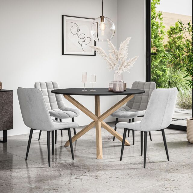 More4Homes Malvern Round Dining Table & Chairs - Black Table Top w Solid Oak Legs + Nova Velvet Dining Chair Set Of 4 in Grey - image 1