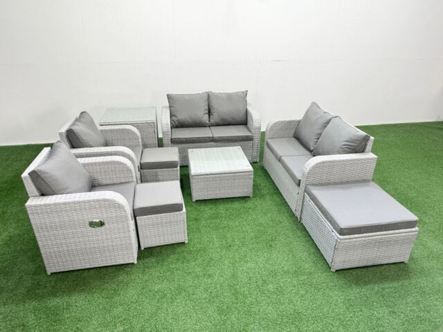 Fimous 9 Seater Outdoor Reclining Chair Love Sofa Set Rattan Garden Furniture Set with Square Coffee Table 3 Stools Side Table Light Grey - image 1