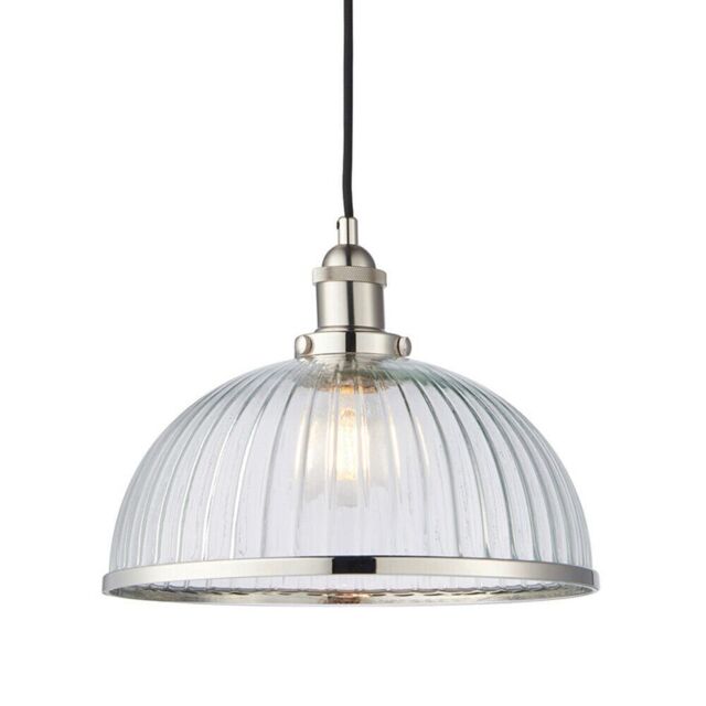 Loops Hanging Ceiling Pendant Light Nickel & RIBBED GLASS Dome Bowl Lamp Shade Holder in Metallics - image 1