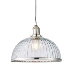 Loops Hanging Ceiling Pendant Light Nickel & RIBBED GLASS Dome Bowl Lamp Shade Holder in Metallics