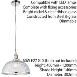 Loops Hanging Ceiling Pendant Light Nickel & RIBBED GLASS Dome Bowl Lamp Shade Holder in Metallics - thumbnail 2