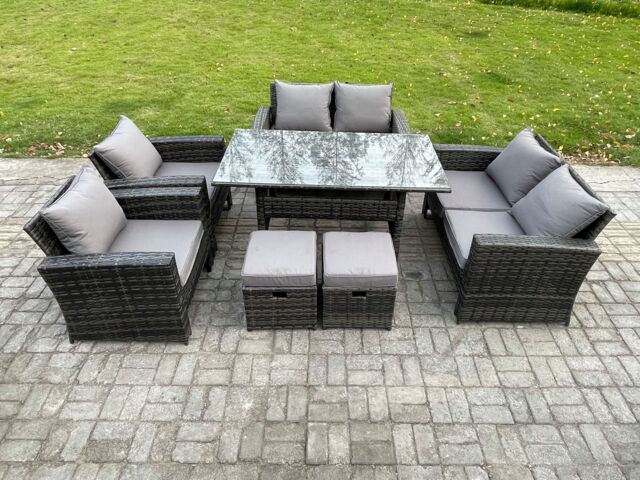 Fimous Rattan Garden Furniture Set Patio Outdoor Lounge Sofa Set with Oblong Dining Table Double Seat Sofa 2 Small Footstools in Dark Grey