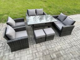 Fimous Rattan Garden Furniture Set Patio Outdoor Lounge Sofa Set with Oblong Dining Table Double Seat Sofa 2 Small Footstools in Dark Grey - thumbnail 2