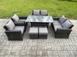 Fimous Rattan Garden Furniture Set Patio Outdoor Lounge Sofa Set with Oblong Dining Table Double Seat Sofa 2 Small Footstools in Dark Grey - thumbnail 1