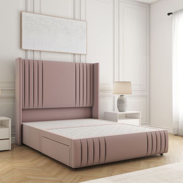 "BSSPOKE Peyton Divan Bed Plush Velvet 54"" Headboard & No Mattress No Drawers in Pink - Size: Small Double"