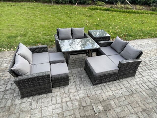 Fimous Outdoor Lounge Sofa Set Wicker PE Rattan Garden Furniture Set with Rectangular Dining Table 2 Seat Sofa Side Table in Dark Grey - image 1