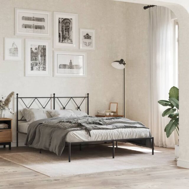 Berkfield Home Metal Bed Frame without Mattress with Headboard Black 140x190cm - Size: 140x190 cm - image 1