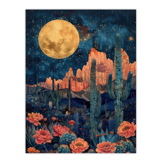 "Artery8 Wall Art Print Flower Cactus by Moon Grand Canyon Starry Night Poster in Dark Blue - Size: W12"" x H16""" - image 1