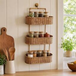 VOGREX 3-Tier Oval Rattan Hanging Wall Storage Basket in Beige - thumbnail 3